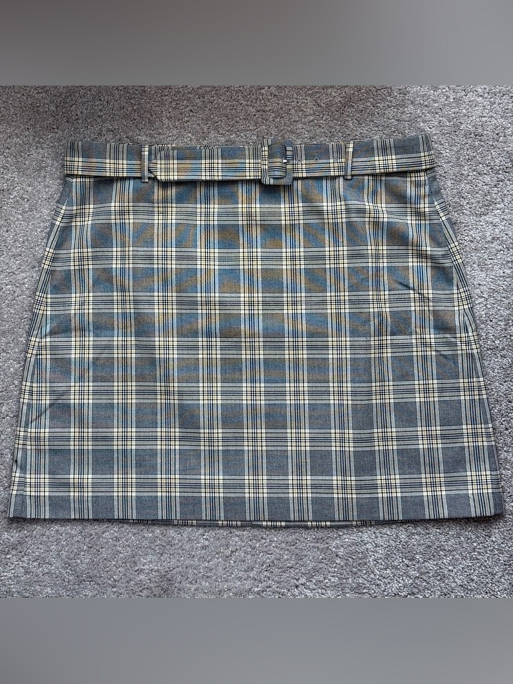 NWT Loft Grey Yellow Plaid Belted A-Line Mini Skirt Size 16